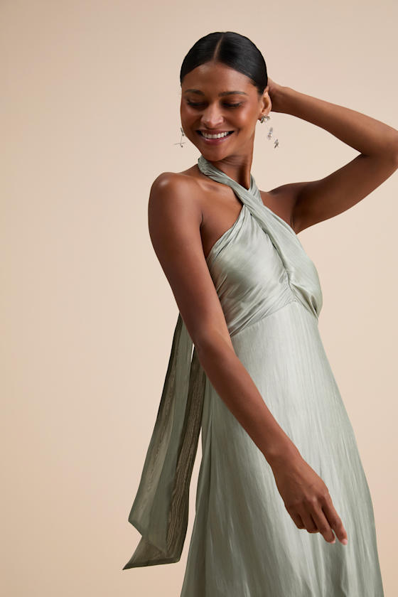 Sage Satin Maxi Dress - Halter Neck Maxi Dress - Cross-Front Maxi - Image 5