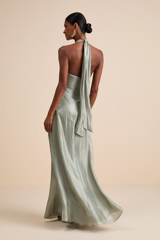Sage Satin Maxi Dress - Halter Neck Maxi Dress - Cross-Front Maxi - Image 6