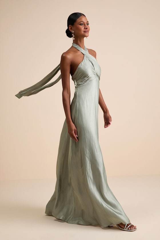 Sage Satin Maxi Dress - Halter Neck Maxi Dress - Cross-Front Maxi - Image 7