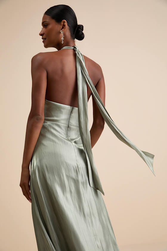 Sage Satin Maxi Dress - Halter Neck Maxi Dress - Cross-Front Maxi - Image 8