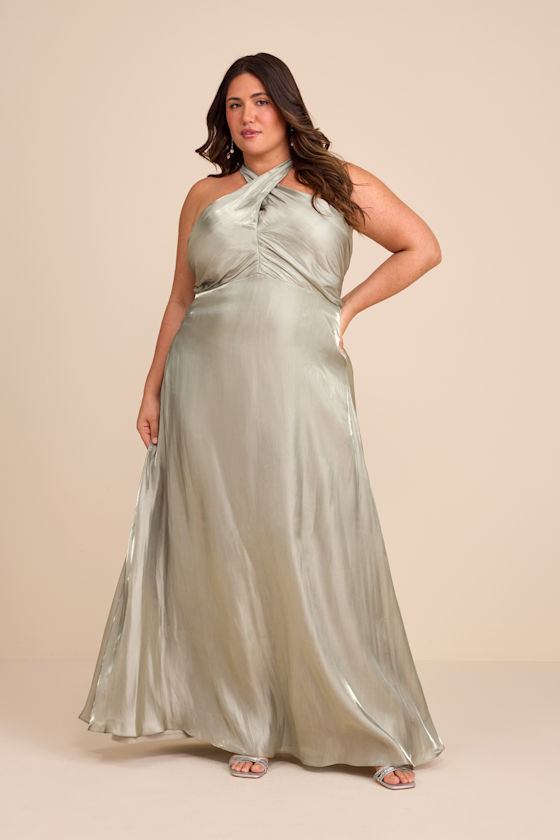 Sage Satin Maxi Dress - Halter Neck Maxi Dress - Cross-Front Maxi - Image 2