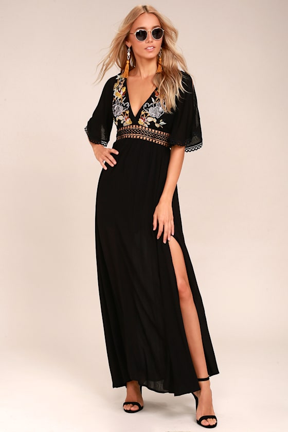 Chic Embroidered Dress Black Maxi Dress Crochet Dress Lulus