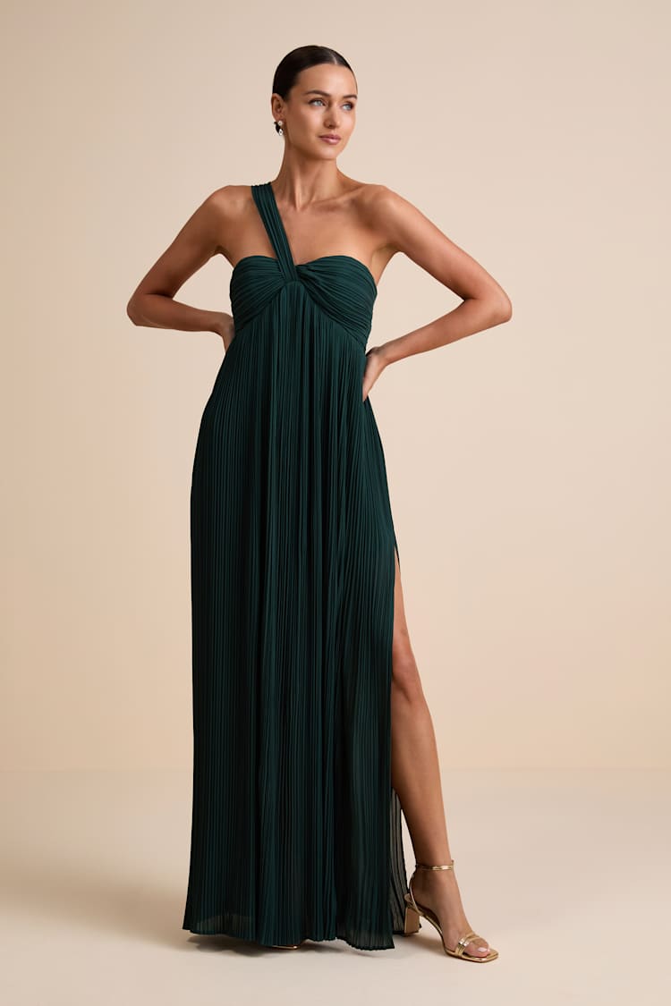 Cayton Emerald Pleated One-Shoulder Maxi Dress