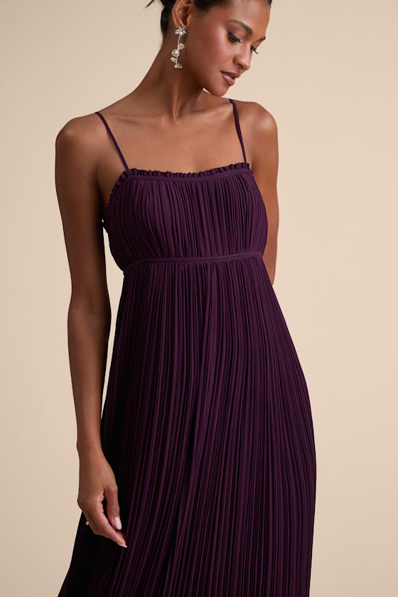 Image of Delina Plum Plisse Chiffon Tie-Back Maxi Dress
