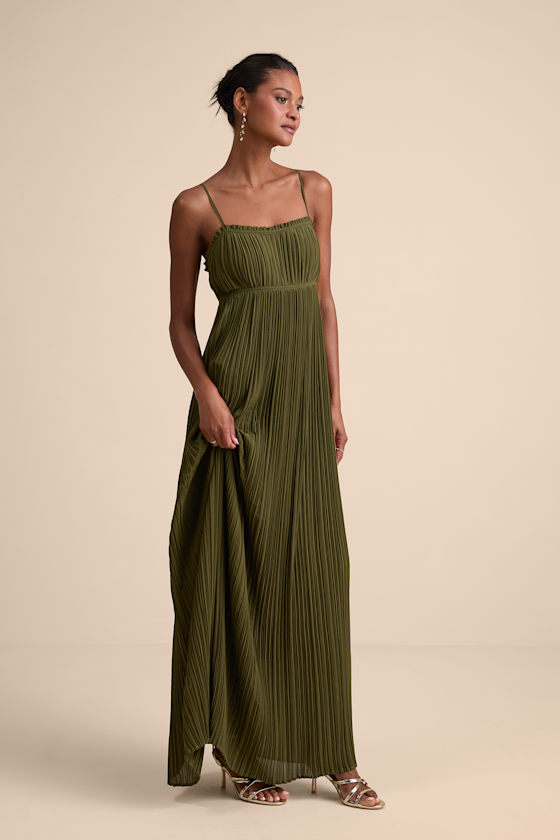Image of Delina Olive Plisse Chiffon Tie-Back Maxi Dress