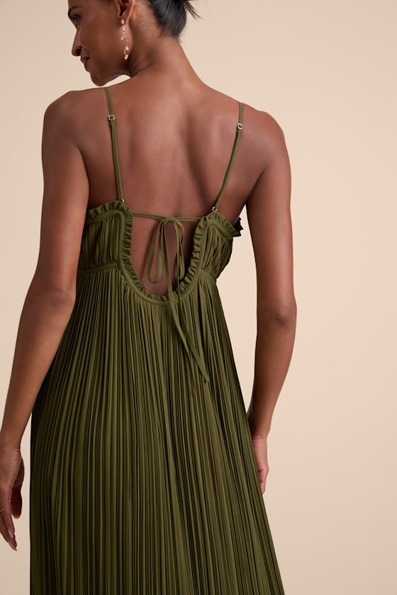 Delina Olive Plisse Chiffon Tie-Back Maxi Dress 2