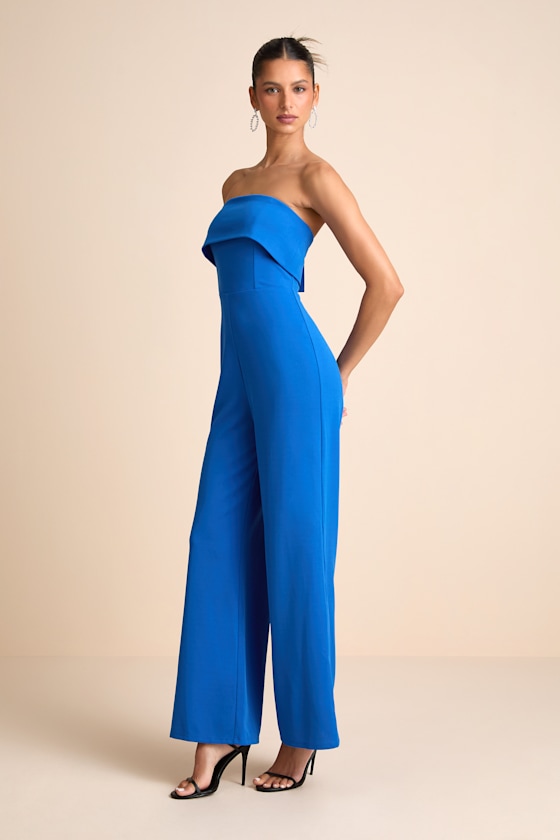 Blue Straight Leg Jumpsuit - Strapless Jumpsuit - Crepe