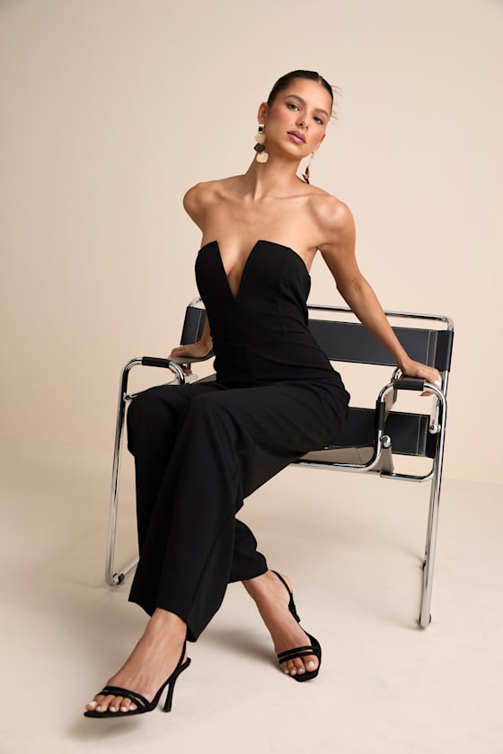 Black Strapless Jumpsuit - Notched V-bar Jumpsuit - Sexy Jumpsuit
