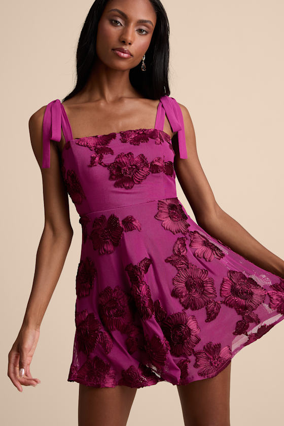 Image of Truly Inspiring Plum Mesh Floral Applique Tie-Strap Mini Dress