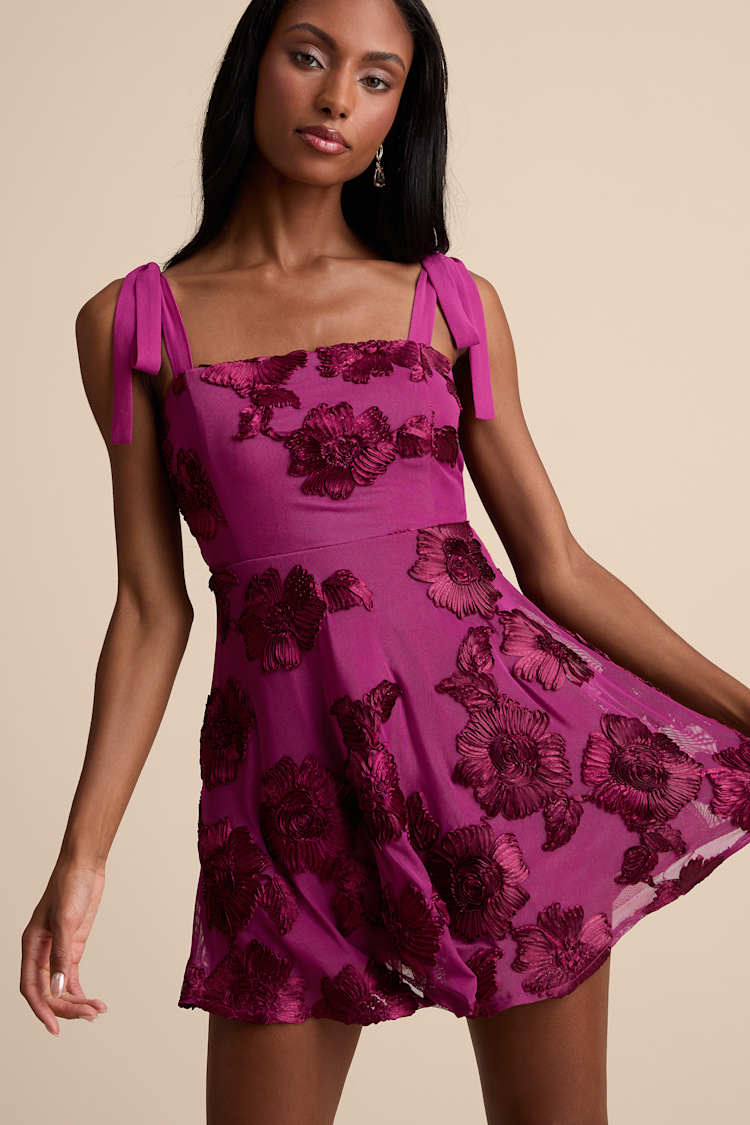 Plum Floral Applique Dress - Tie-Strap Mini Dress - Purple Dress - Lulus