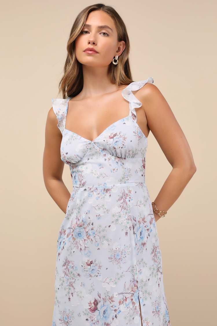 Delightful Direction Blue Floral Ruffled Tie-Strap Midi Dress