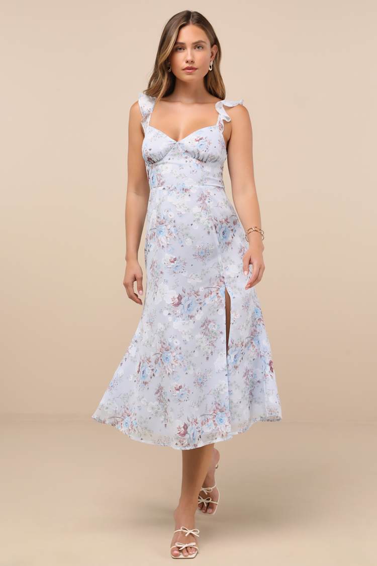 Blue Floral Midi Dress - Ruffled Tie-Strap Dress - Midi Dress - Lulus Blue Floral Midi Dress - Ruffled Tie-Strap Dress - Midi Dress - Lulus