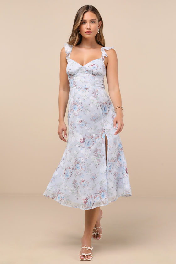 Delightful Direction Blue Floral Ruffled Tie-Strap Midi Dress 3
