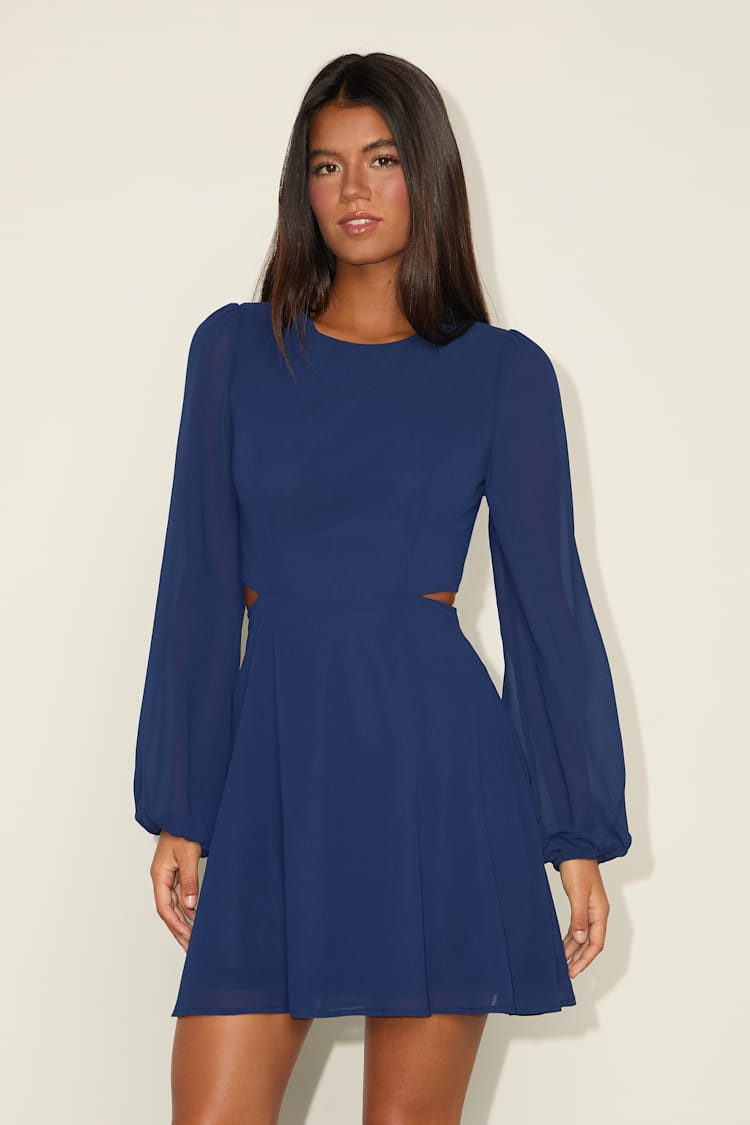 Garden Bliss Dark Blue Long Sleeve Cutout Mini Dress