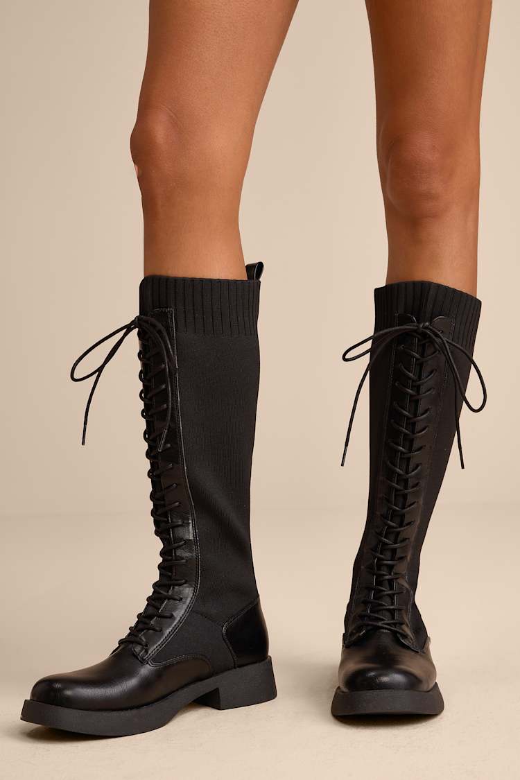 Carmen Black Knit Knee-High Lace-Up Sock Boots