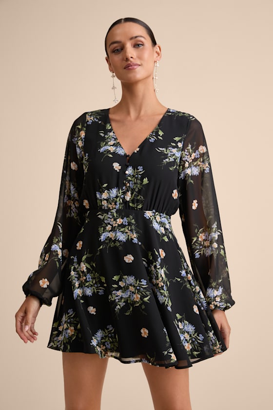 Always Your Black Floral Print Long Sleeve Skater Dress 1