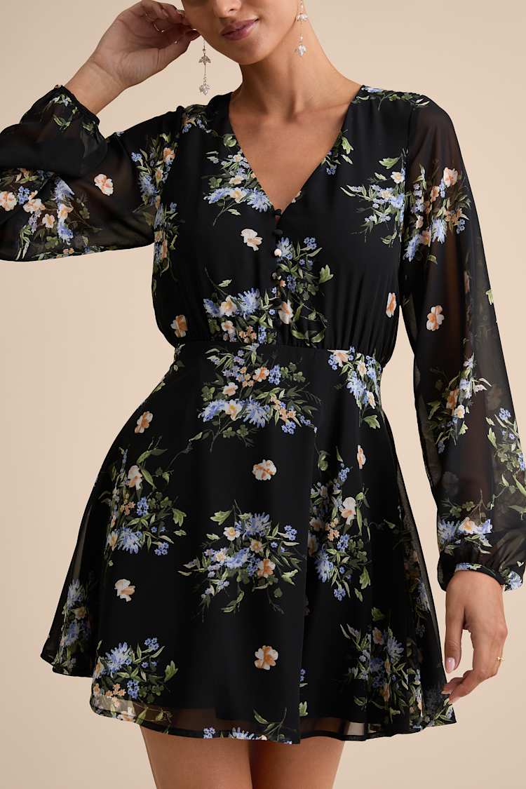 Always Your Black Floral Print Long Sleeve Skater Dress