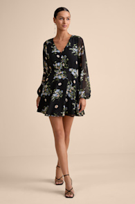 Always Your Black Floral Print Long Sleeve Skater Dress 6