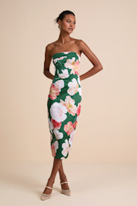 Oriana Dark Green Floral Satin Strapless Midi Dress 1