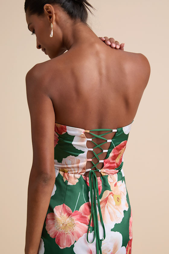 Oriana Dark Green Floral Satin Strapless Midi Dress 2