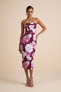 Oriana Burgundy Floral Satin Strapless Midi Dress 1