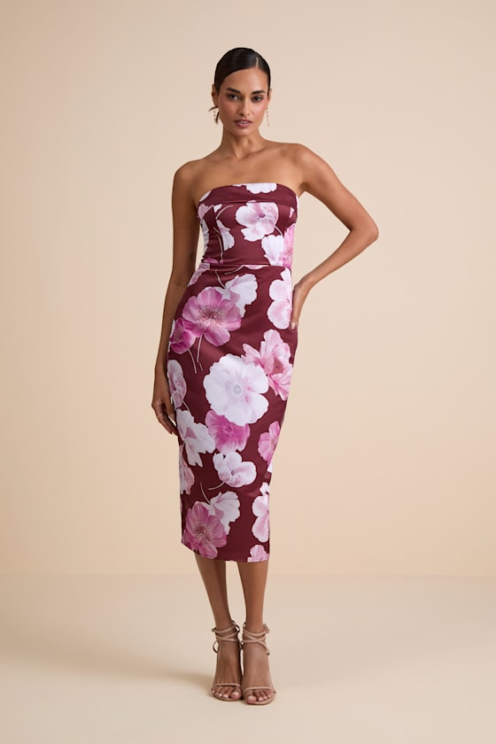 Oriana Burgundy Floral Satin Strapless Midi Dress 1