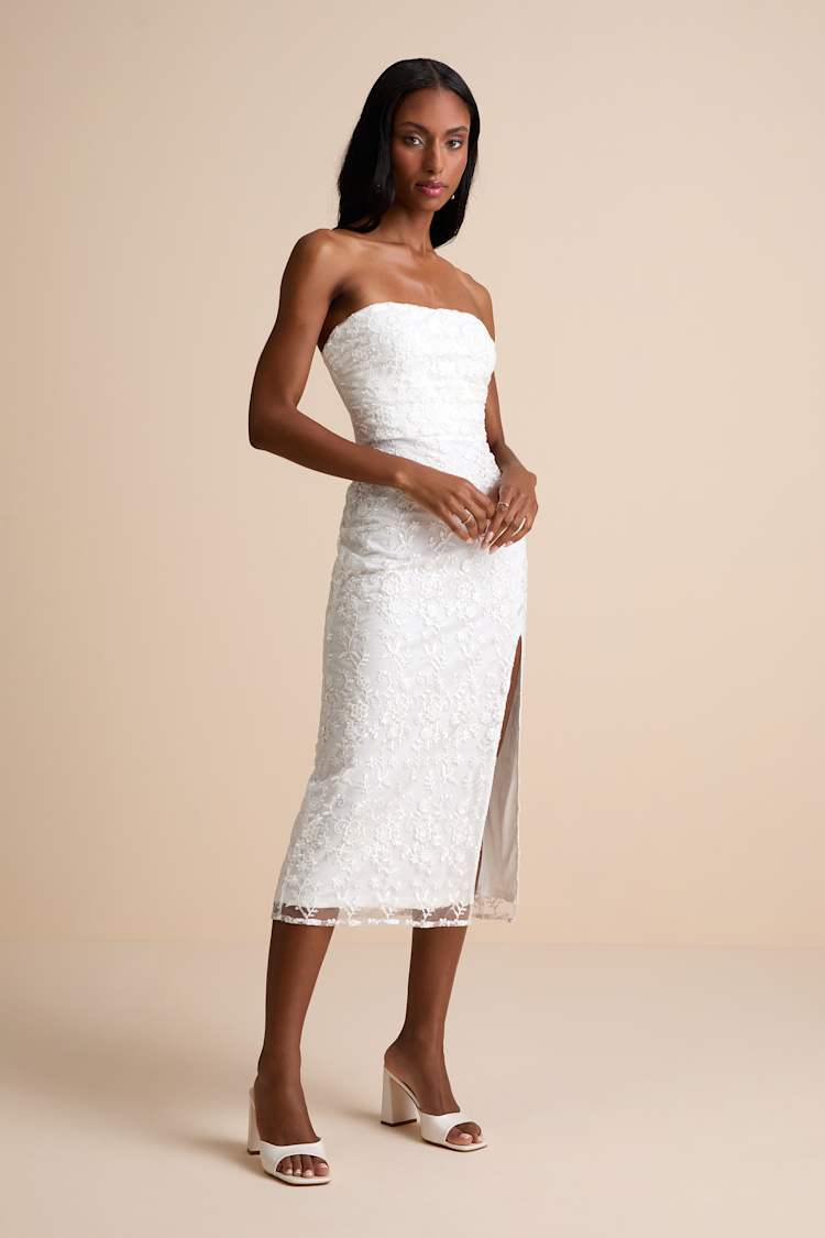 Tera White Floral Embroidered Strapless Midi Dress