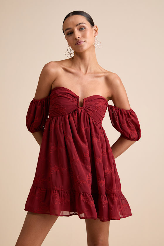 Image of Cutest Icon Rust Red Embroidered Off-the-Shoulder Mini Dress
