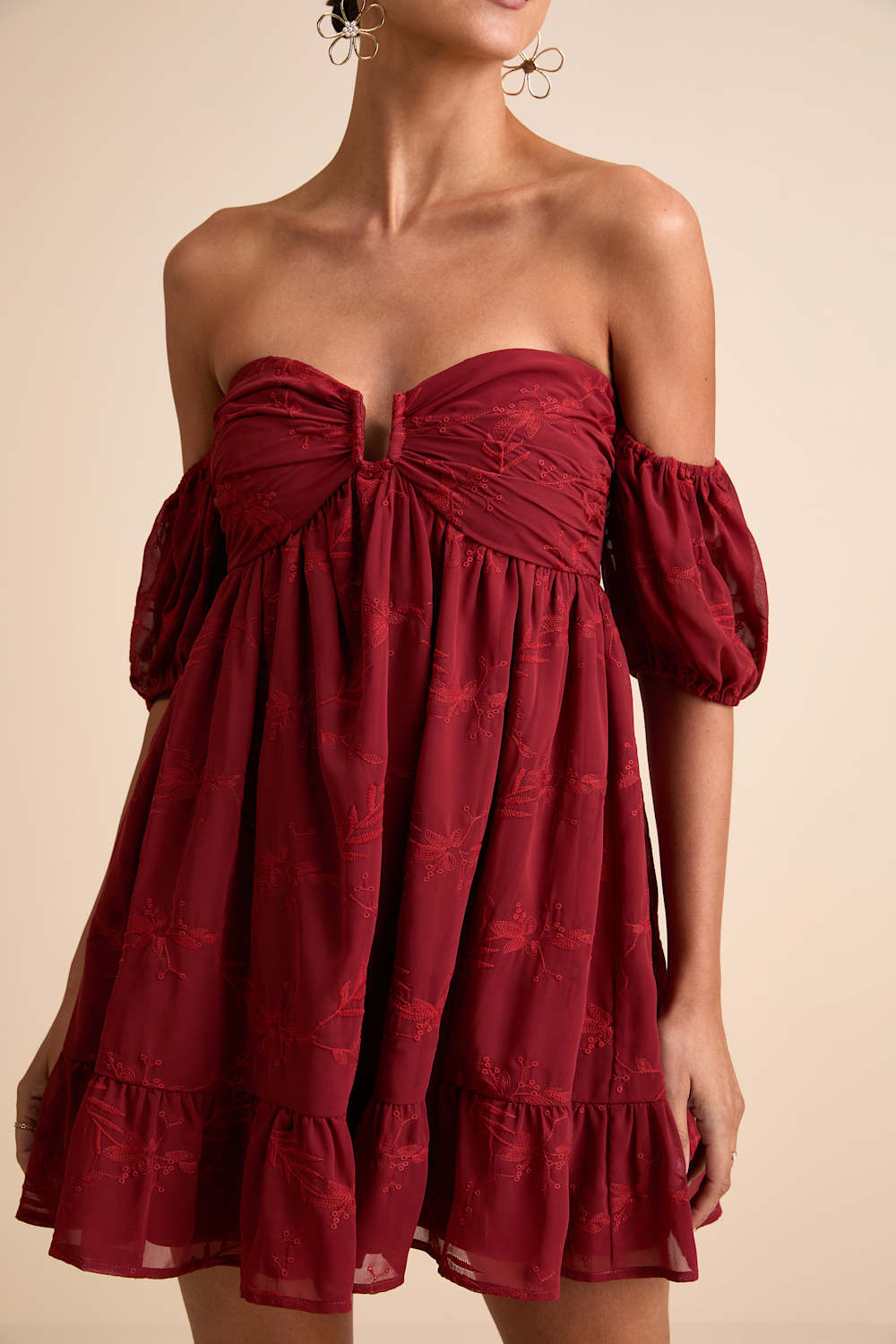 Cutest Icon Rust Red Embroidered Off-the-Shoulder Mini Dress