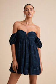 Cutest Icon Navy Embroidered Off-the-Shoulder Mini Dress 1