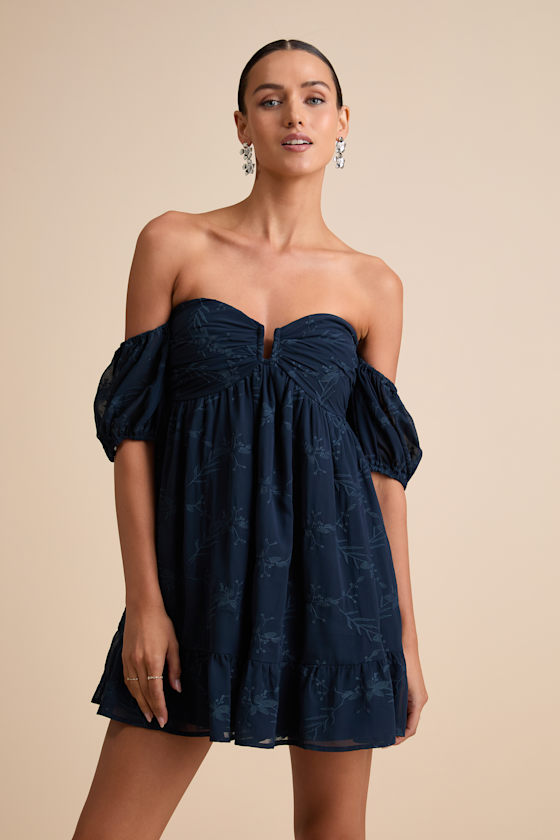 Cutest Icon Navy Embroidered Off-the-Shoulder Mini Dress 1