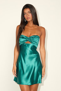 Narina Teal Green Satin Pleated Strapless Mini Dress 1