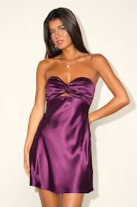 Narina Plum Purple Satin Pleated Strapless Mini Dress 1