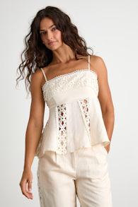 Vannah Ivory Linen Crochet Lace Tank Top 1