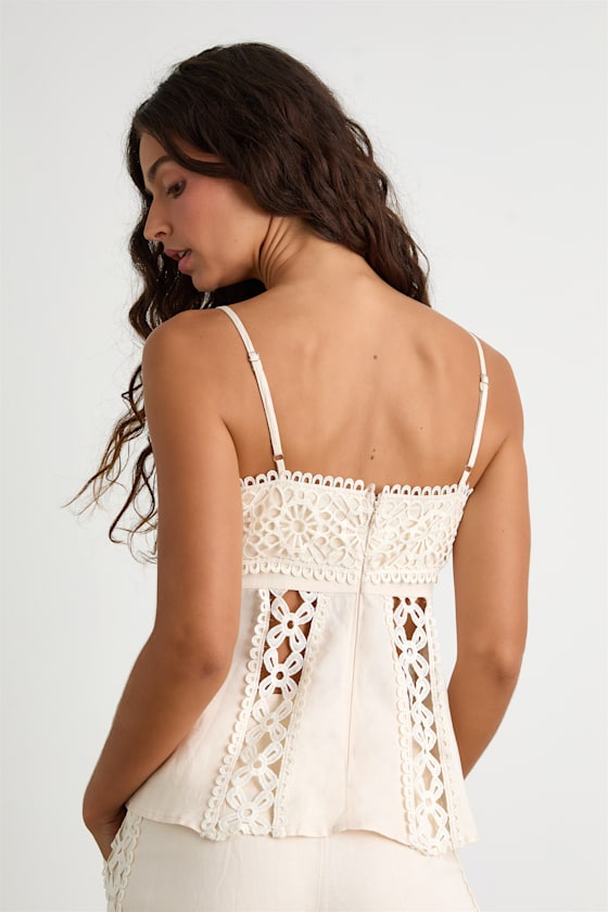 Ivory Linen Top - Crochet Lace Top - Peplum Hem Tank Top - Top - Lulus