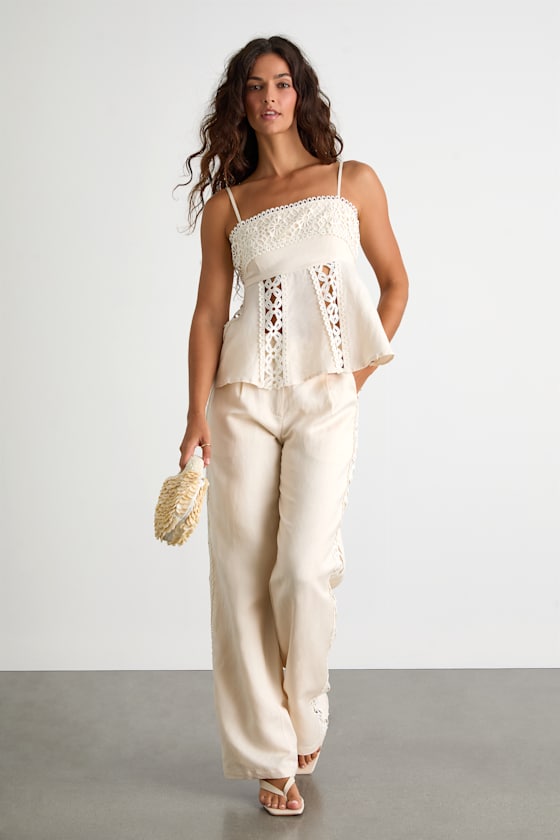 Vannah Ivory Linen Crochet Lace Tank Top - thumbnail 4