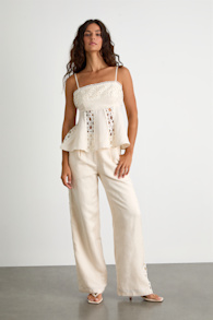 Vannah Ivory Linen Crochet Lace Wide-Leg Pants 1