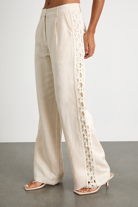 Vannah Ivory Linen Crochet Lace Wide-Leg Pants 2