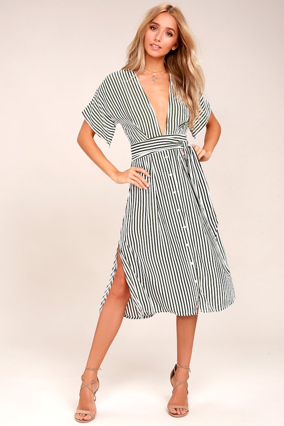 Faithfull the Brand Mustang Olive Green Striped Midi Dress 1