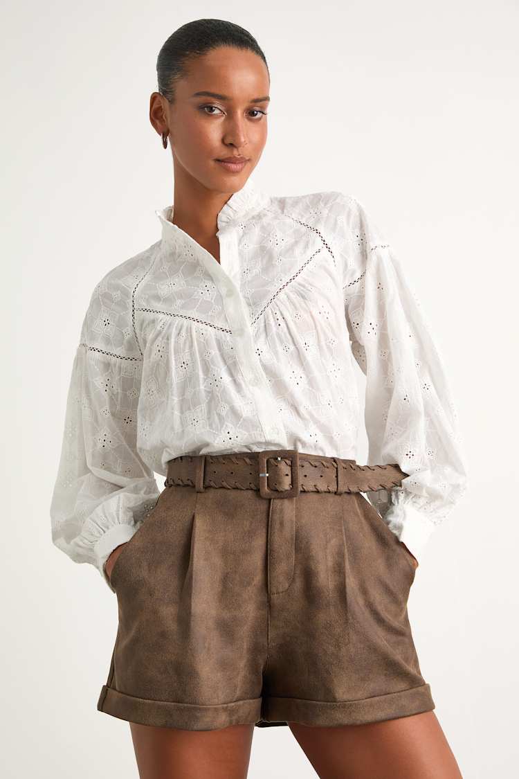 Arlana White Cotton Eyelet Embroidered Long Sleeve Top
