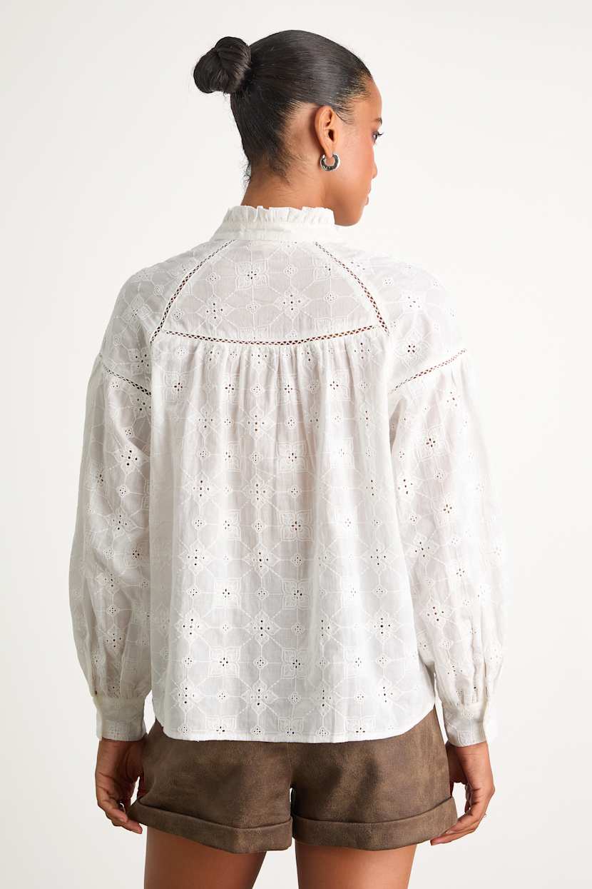 Arlana White Cotton Eyelet Embroidered Long Sleeve Top
