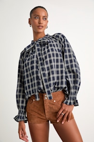 Hassie Navy Plaid Tie-Neck Button-Front Long Sleeve Top 1