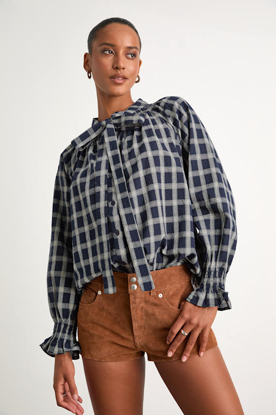 Hassie Navy Plaid Tie-Neck Button-Front Long Sleeve Top 1