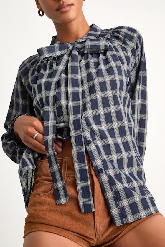 Hassie Navy Plaid Tie-Neck Button-Front Long Sleeve Top 2