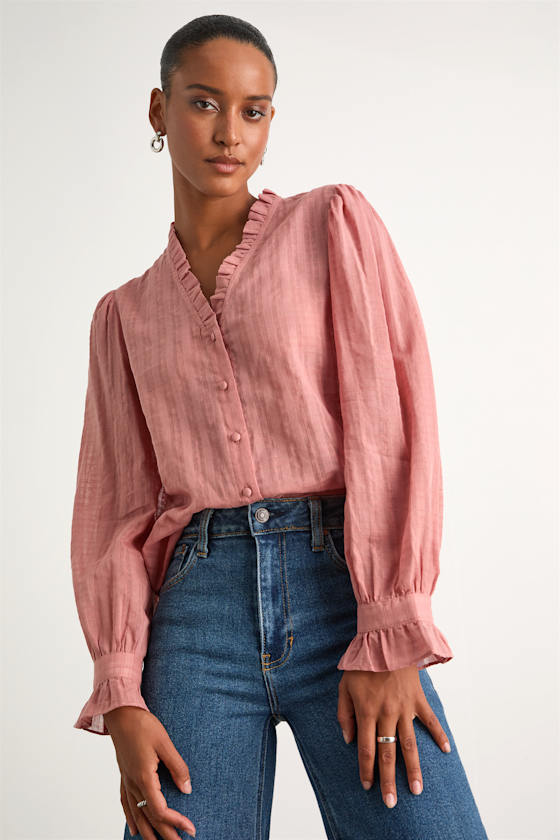 The Korner Blouse - Coral Pink Ruffled Top - Button-Front Top - Lulus