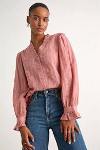 Rocklin Coral Pink Ruffled Button-Front Long Sleeve Top 1