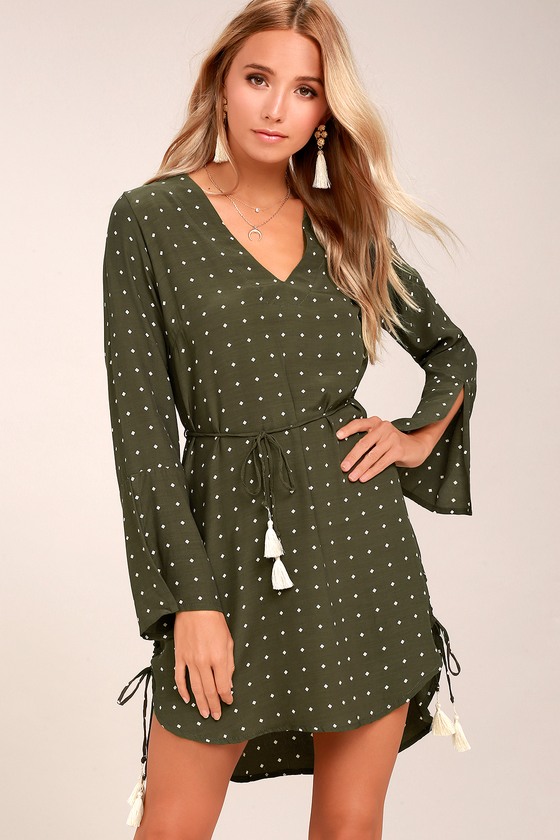 Faithfull the Brand Neroli Olive Green Print Long Sleeve Dress