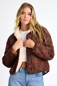 Loryn Brown and Burgundy Floral Shearling Toggle Jacket 1