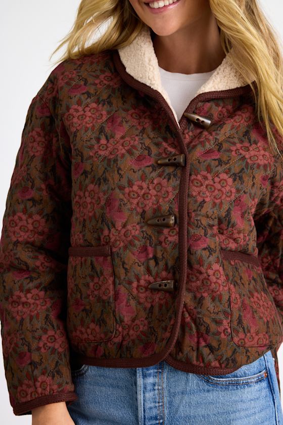 Loryn Brown and Burgundy Floral Shearling Toggle Jacket 2