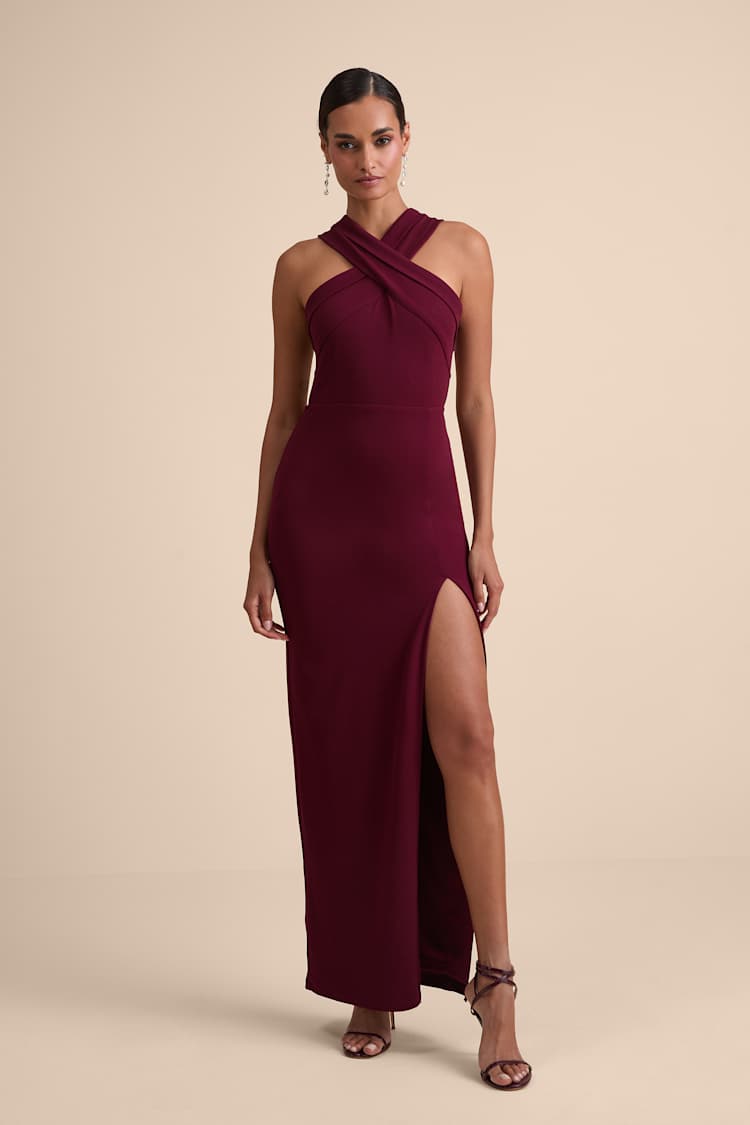 chinese dress ladies Burgundy Sequin Halter Neck Sleeveless Cut-Out & Ruched Detail Maxi Dress  /3-2-1